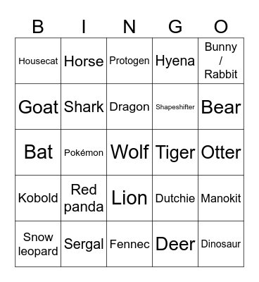 Furry species bingo Card