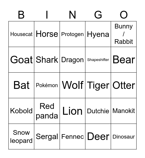 Furry species bingo Card