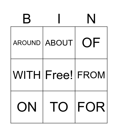 PREPOSITION Bingo Card