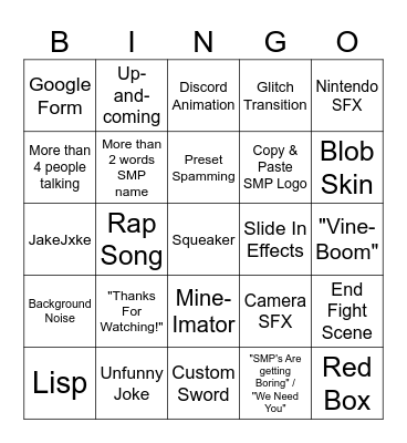 SMP Promo Vids Bingo Card