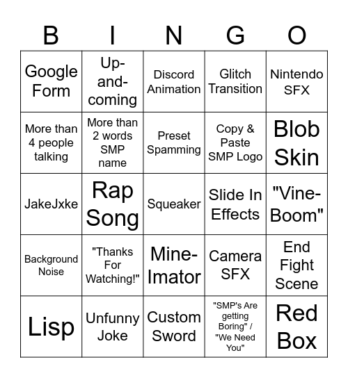 SMP Promo Vids Bingo Card