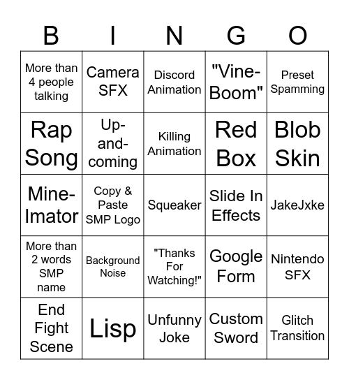 SMP Promo Vids Bingo Card