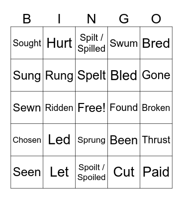 Verbs Bingo Card