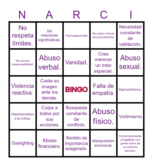 ¿Es narcisista? Bingo Card