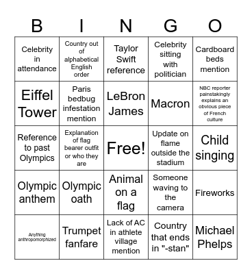 Paris 2024 Opening Ceremony Bingo Card