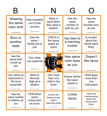 Norman High Band Bingo Card
