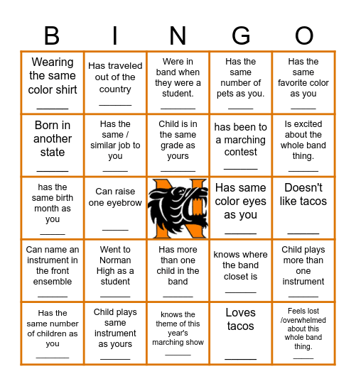 Norman High Band Bingo Card