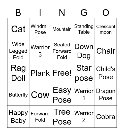 Yoga Poses Bingo Card