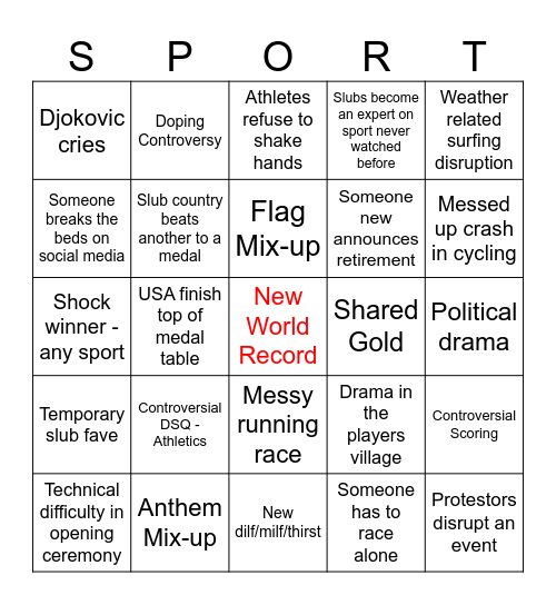 Slub Olympic Bingo 2024 Bingo Card