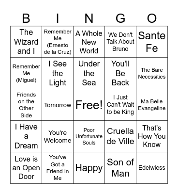 Gigi's Disney/Musicals Bingo Card