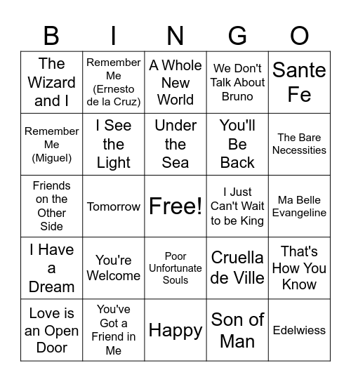 Gigi's Disney/Musicals Bingo Card