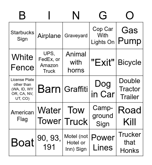 Montana and Wyoming Bingo Card