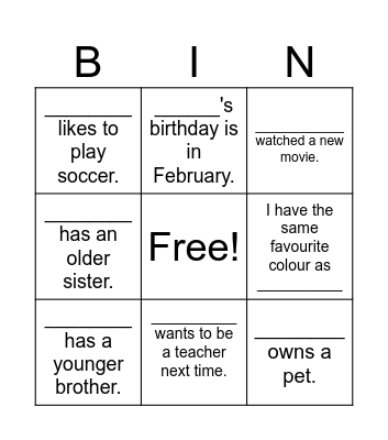 Classroom Bingo Card