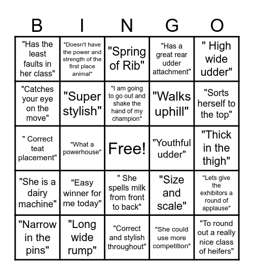 Cow Judge Bingo Card