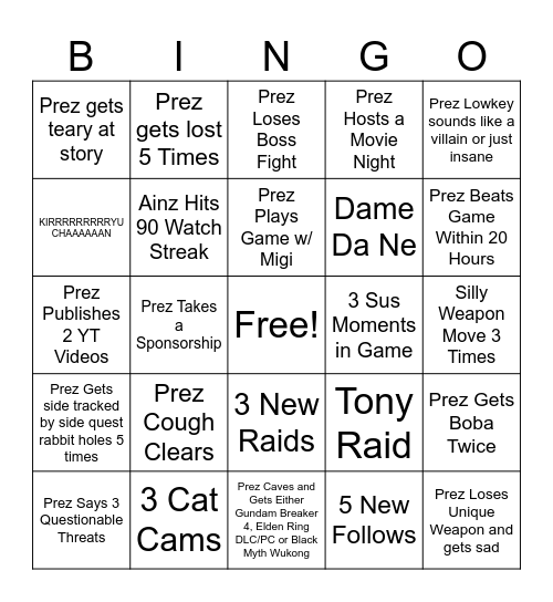 Yakuza 3 Bingo Card