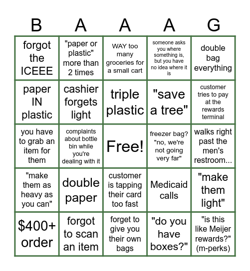 Bagger Bingo Card