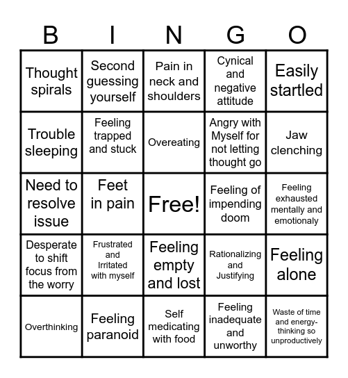 Danielle's Anxiety Bingo Card