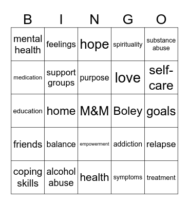 addiction Bingo Card