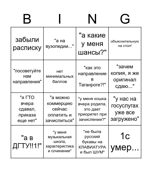 Приемная кампания ЮФУ Bingo Card