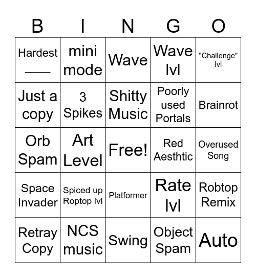 Geometry Dash Levels Bingo Card