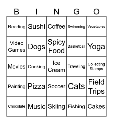 Likes and Dislikes Bingo Card