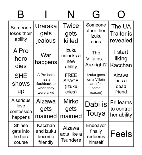 Boku No Hero Academia Bingo Card