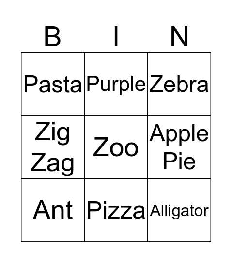 Phonics A, P, Z Bingo Card