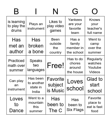 First Day of School Bingo Card