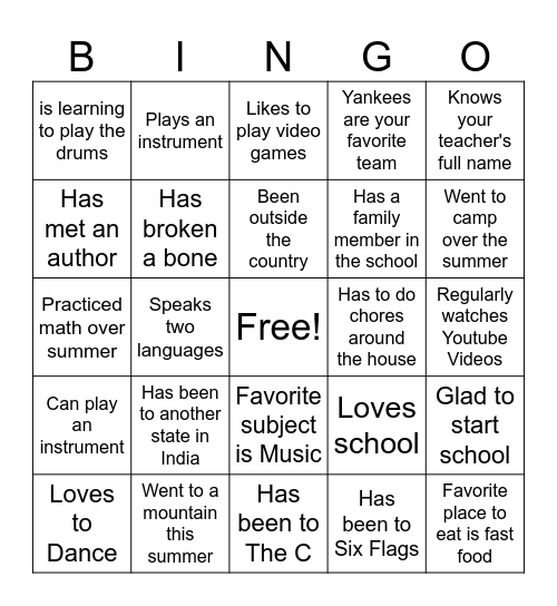 First Day of School Bingo Card