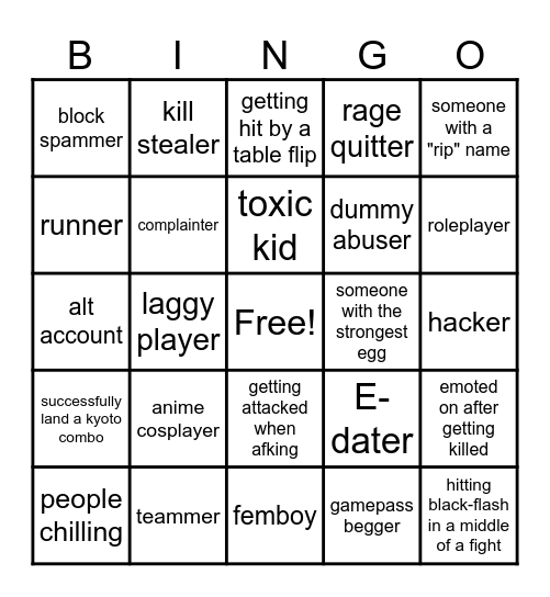 TSB Bingo Card