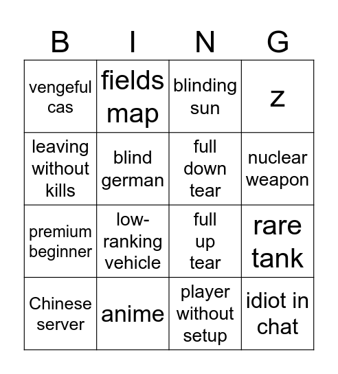 war thunder bingo Card