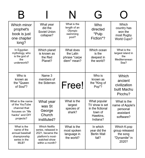 Trivia Bingo Card