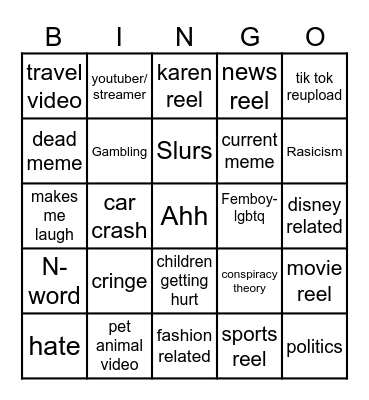 Instagram reel bingo Card