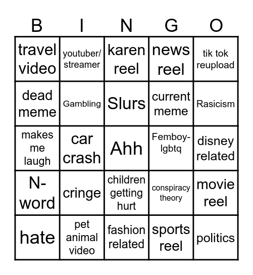 Instagram reel bingo Card