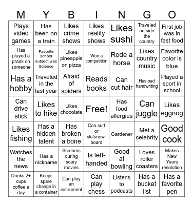 Getting To Know You Bingo Card