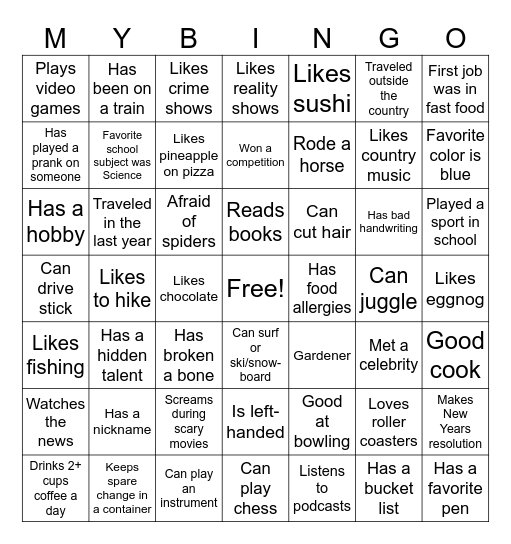 Getting To Know You Bingo Card