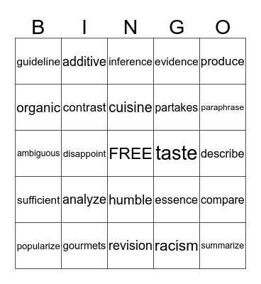 Vocabulary  Bingo Card