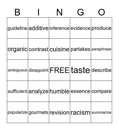 Vocabulary  Bingo Card