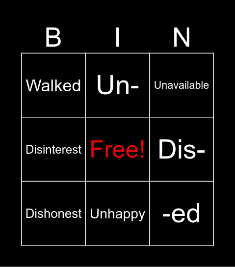 Prefix/Suffix Bingo Card