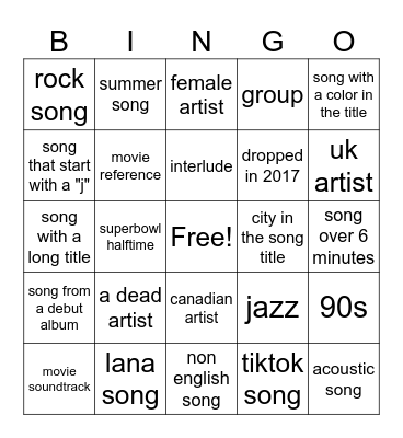 spotify bingo Card