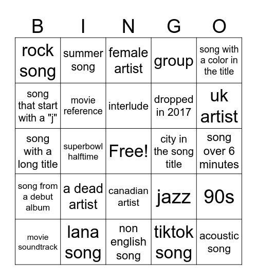 spotify bingo Card