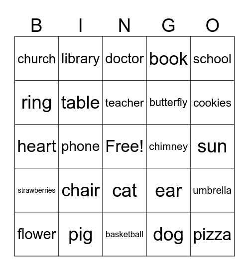 Noun Pictionary Bingo Card