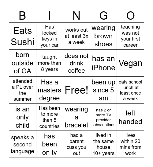 Teacher Icebreaker Bingo Card