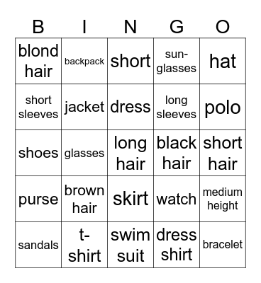 Clothing & Accessories (English) Bingo Card