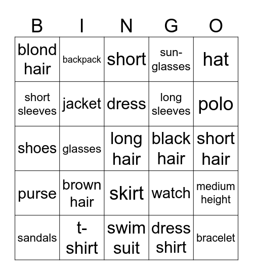 Clothing & Accessories (English) Bingo Card