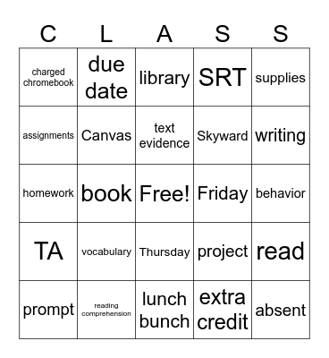 English/Language Arts - Begging of Year Bingo Card