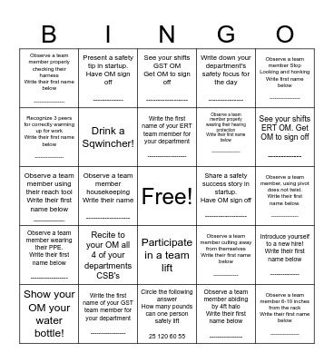 T 556 Safety Bingo Card
