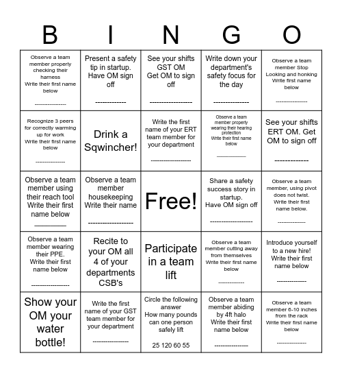 T 556 Safety Bingo Card