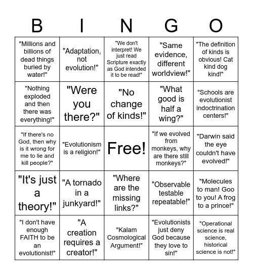 Creationist Bingo Card