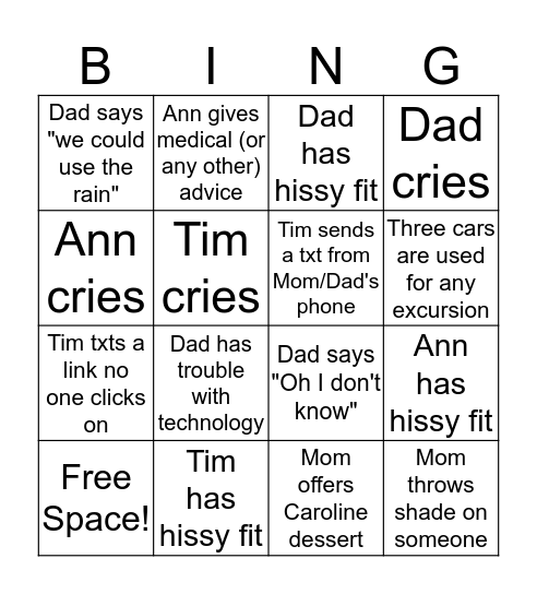 Family Weekend Bingo Card